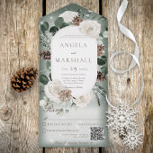 Rustige winter Floral Green Sparkle QR Code All In One Uitnodiging