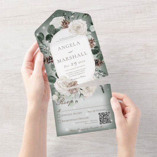 Rustige winter Floral Green Sparkle QR Code All In One Uitnodiging (Afscheurbaar)