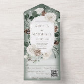 Rustige winter Floral Green Sparkle QR Code All In One Uitnodiging (Binnen)