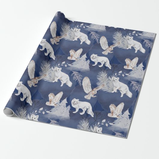 Rustige Winter Fox & Owl kerstcadeau Cadeaupapier (Uitgerold)