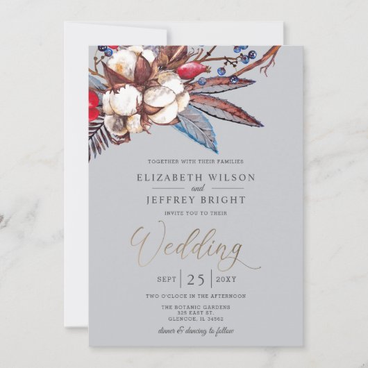 Rustige winter katoenrode bessen goudbruiloft kaart (Voorkant)