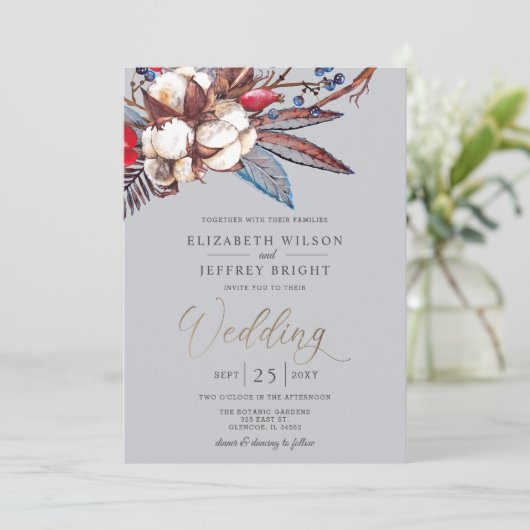 Rustige winter katoenrode bessen goudbruiloft kaart (Staand voorkant)