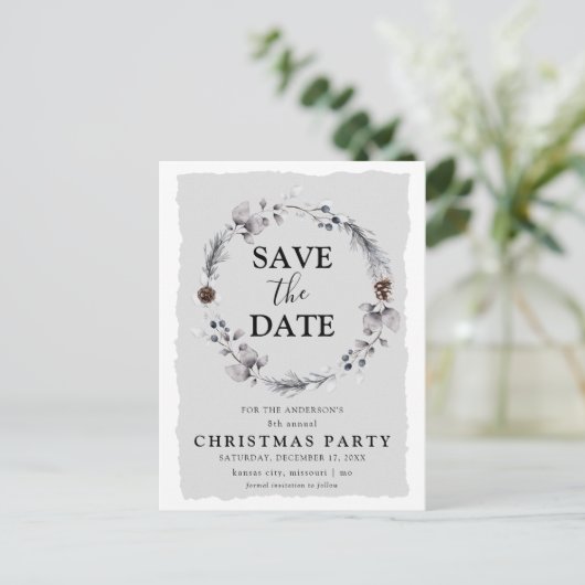 Rustige winter Wreath Kerstmis sparen de datum Uitnodiging Briefkaart (Staand voorkant)