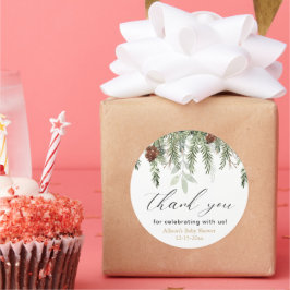 Rustige winterdenbomen baby shower dank u ronde sticker