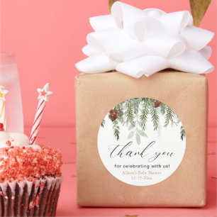 Rustige winterdenbomen baby shower dank u ronde sticker