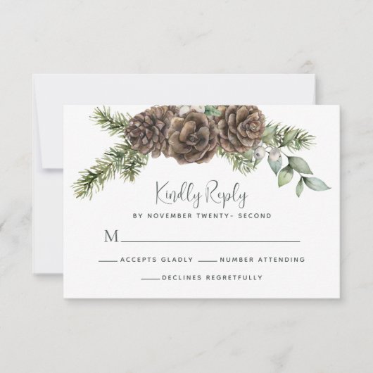 Rustige winterfoliage Pine Cone Wedding RSVP Kaartje (Voorkant)