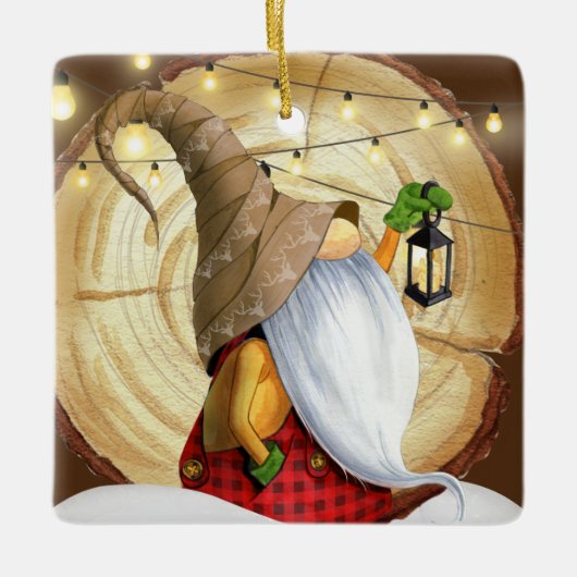 Rustige wintergnoomboom, sneeuw, lichte kerst keramisch ornament (Voorkant)