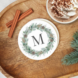 Rustige wintergroen monogram initiaal krans ronde kartonnen onderzetter