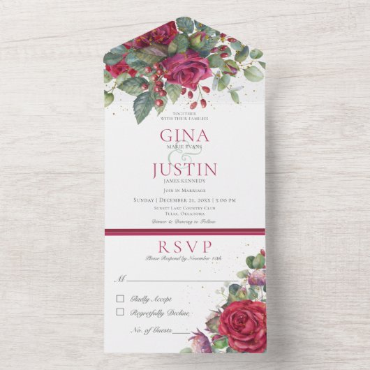 Rustige winterrode Rozen geen diner All In One Uitnodiging (Binnen)