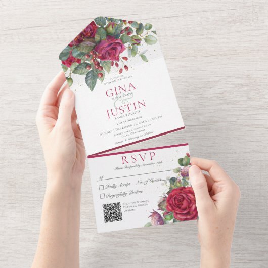 Rustige winterrode Rozen QR-code All In One Uitnodiging (Afscheurbaar)