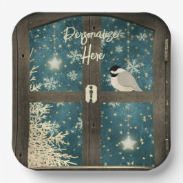 Rustige winterschoudersterren, sneeuwvlokken, voge papieren bordje