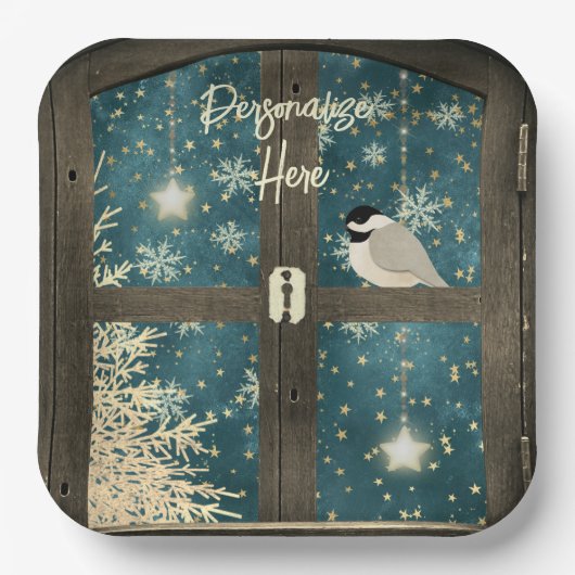 Rustige winterschoudersterren, sneeuwvlokken, voge papieren bordje (Voorkant)