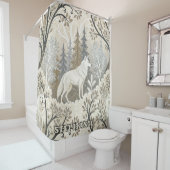 Rustige winterse bosscène met witte wolven douchegordijn (In situ)