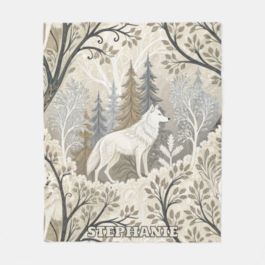 Rustige winterse bosscène met witte wolven fleece deken (Voorkant)