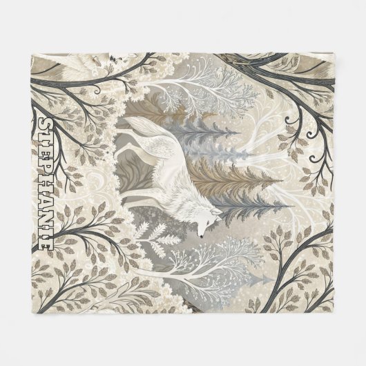 Rustige winterse bosscène met witte wolven fleece deken (Voorkant (Horizontaal))