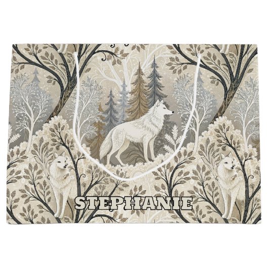 Rustige winterse bosscène met witte wolven groot cadeauzakje (Voorkant)