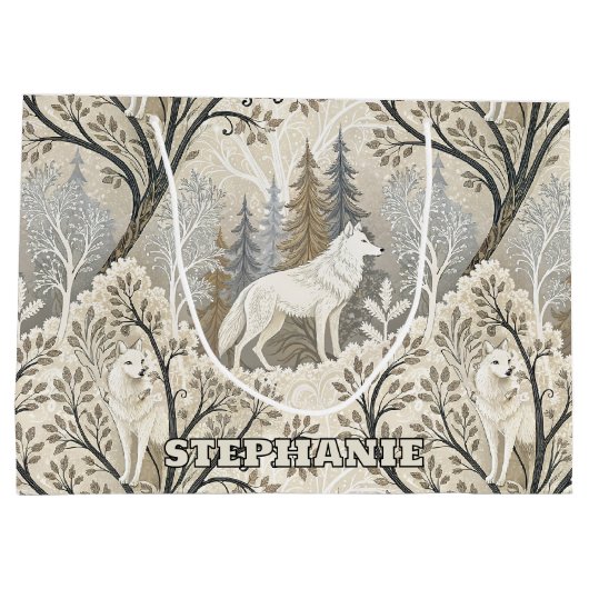 Rustige winterse bosscène met witte wolven groot cadeauzakje (Achterkant)