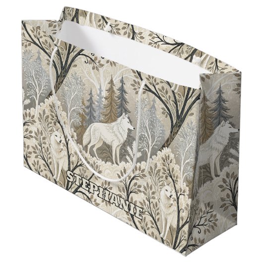 Rustige winterse bosscène met witte wolven groot cadeauzakje (Achterkant Gekanteld)