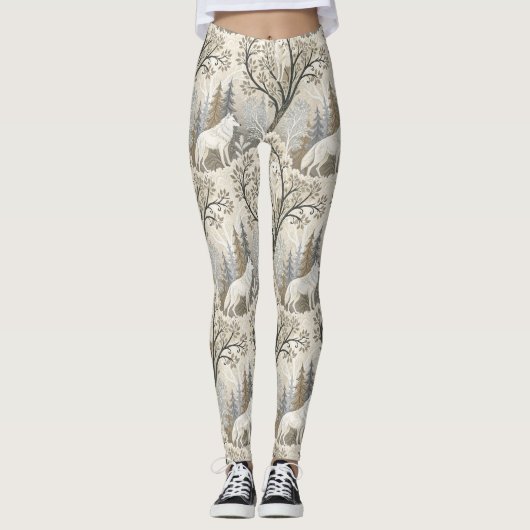Rustige winterse bosscène met witte wolven leggings (Voorkant)