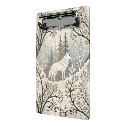 Rustige winterse bosscène met witte wolven mini klembord (Angled2)