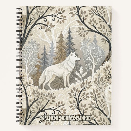 Rustige winterse bosscène met witte wolven notitieboek (Voorkant)