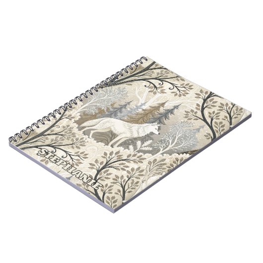 Rustige winterse bosscène met witte wolven notitieboek (Linkerzijde)