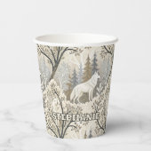 Rustige winterse bosscène met witte wolven papieren bekers (Achterkant)