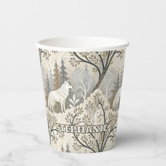 Rustige winterse bosscène met witte wolven papieren bekers (Voorkant)