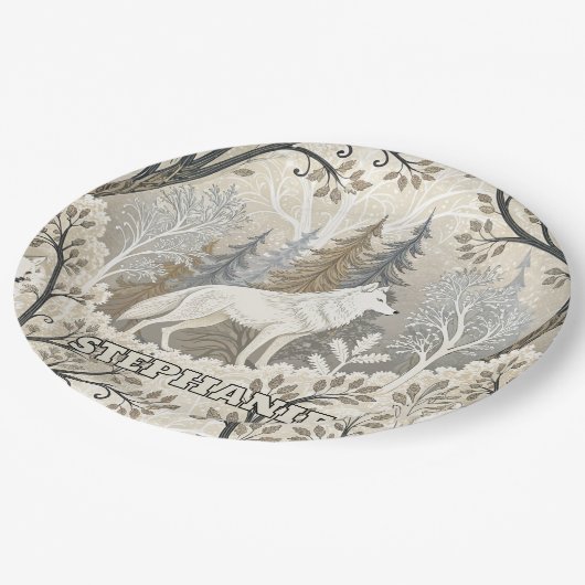 Rustige winterse bosscène met witte wolven papieren bordje (Gekanteld)