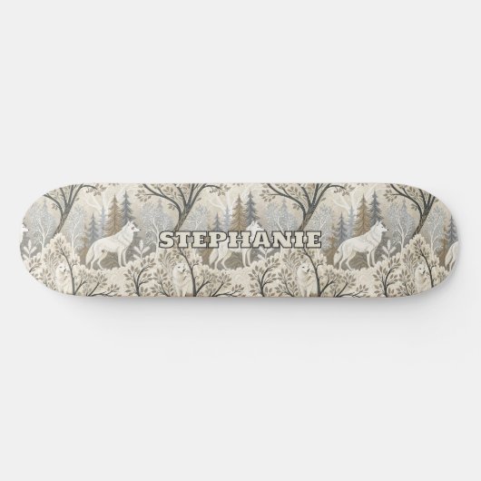 Rustige winterse bosscène met witte wolven persoonlijk skateboard (Horizontaal)