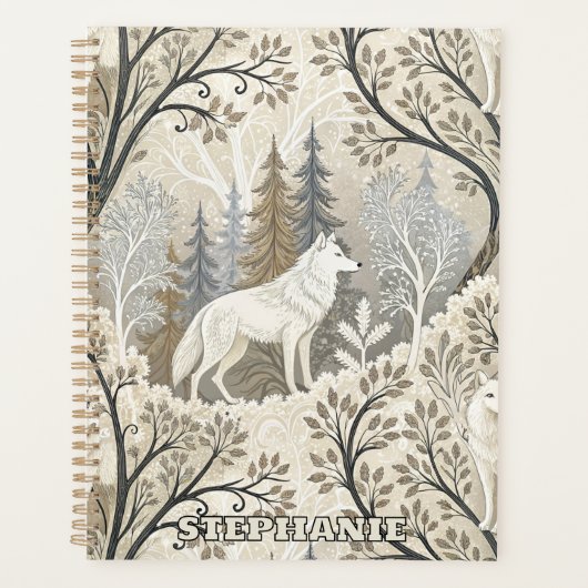 Rustige winterse bosscène met witte wolven planner (Voorkant)