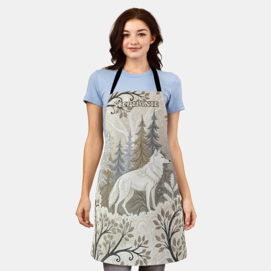 Rustige winterse bosscène met witte wolven schort (Gedragen)