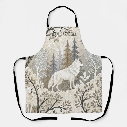 Rustige winterse bosscène met witte wolven schort (Voorkant)