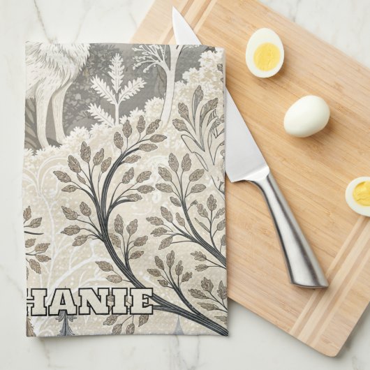 Rustige winterse bosscène met witte wolven theedoek (Quarter Fold)