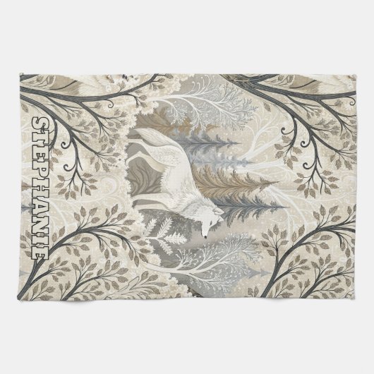 Rustige winterse bosscène met witte wolven theedoek (Horizontaal)