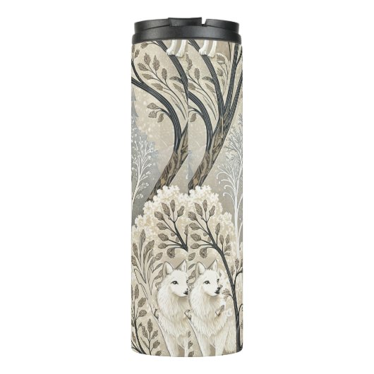 Rustige winterse bosscène met witte wolven thermosbeker (Achterkant)