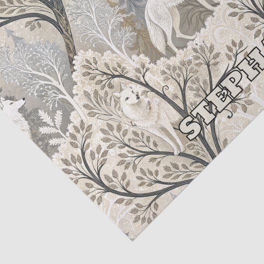 Rustige winterse bosscène met witte wolven tissuepapier (Detail)