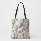 Rustige winterse bosscène met witte wolven tote bag (Voorkant)