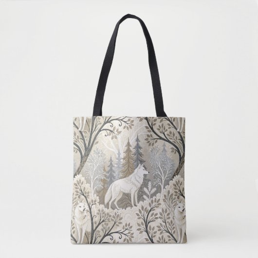 Rustige winterse bosscène met witte wolven tote bag (Voorkant)
