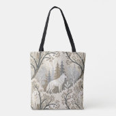 Rustige winterse bosscène met witte wolven tote bag (Achterkant)