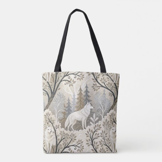 Rustige winterse bosscène met witte wolven tote bag (Achterkant)