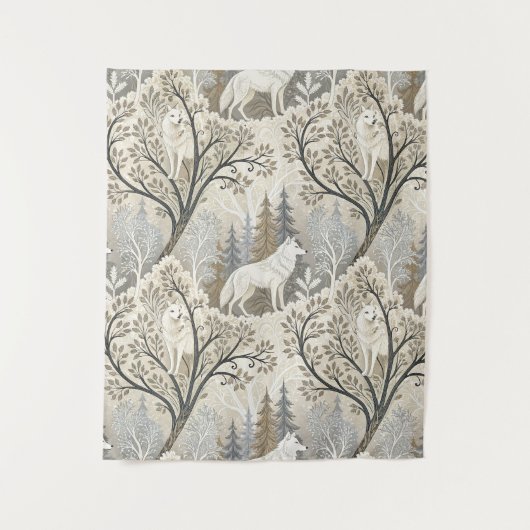 Rustige winterse bosscène met witte wolven wandkleed (Voorkant)