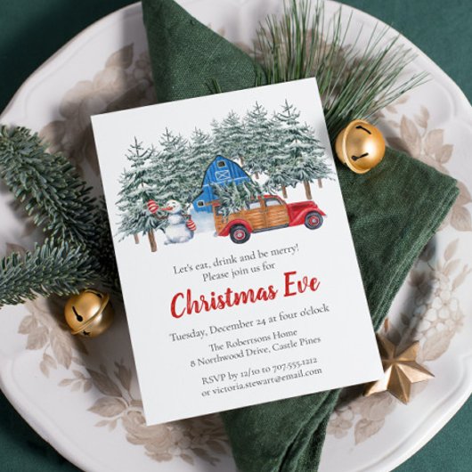 Rustige Wintersneeuw Rood kerstfeest Eve Dinner Kaart