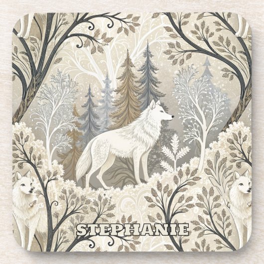 Rustige winterwoldsfeer met witte wolven bier onderzetter (Voorkant)