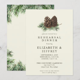 Rustige winterwoud Pine Cone Rehearsal Dinner Kaart