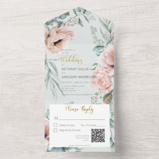 Rustige Wit & Blush Peonies Sage Green QR Code All In One Uitnodiging (Binnen)