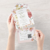 Rustige Wit & Blush Roze Boho Flowers QR Code All In One Uitnodiging (Afscheurbaar)