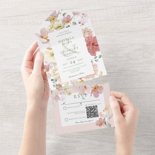 Rustige Wit & Blush Roze Boho Flowers QR Code All In One Uitnodiging (Afscheurbaar)