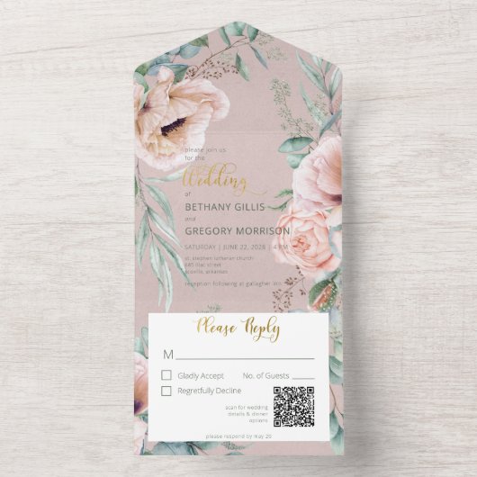 Rustige Wit- en Blush Peonies Roze QR-code All In One Uitnodiging (Binnen)