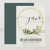 RUSTIGE WITTE BLAUWGROENE GOUDE BLADEREN WATERVERF SAVE THE DATE (Voorkant / Achterkant)